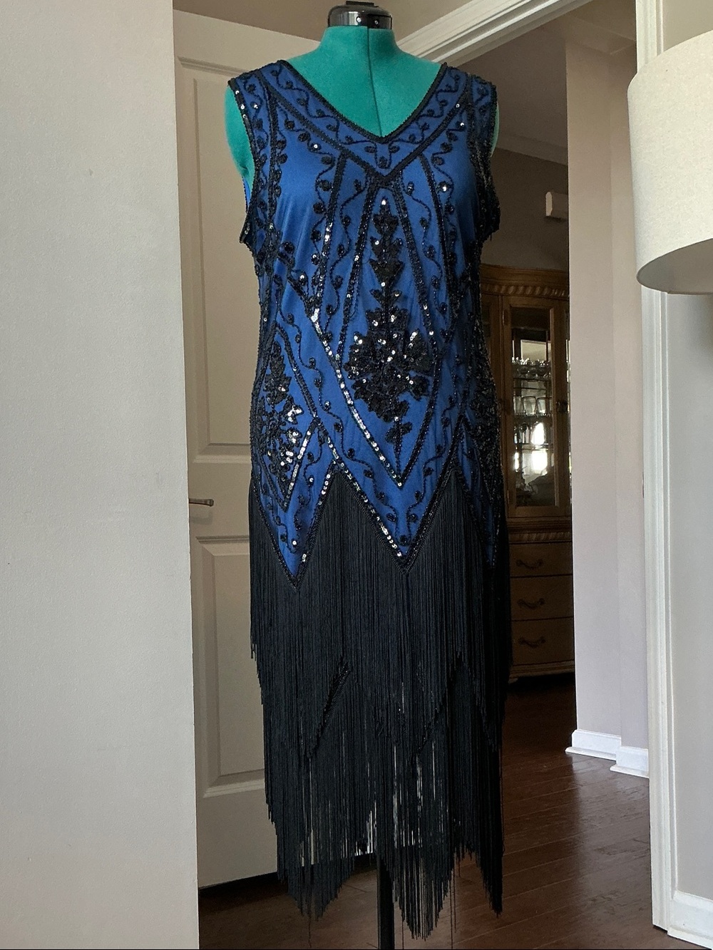 Blue and Black Beaded Fringe Flapper Dress - Elegant Evening Dress